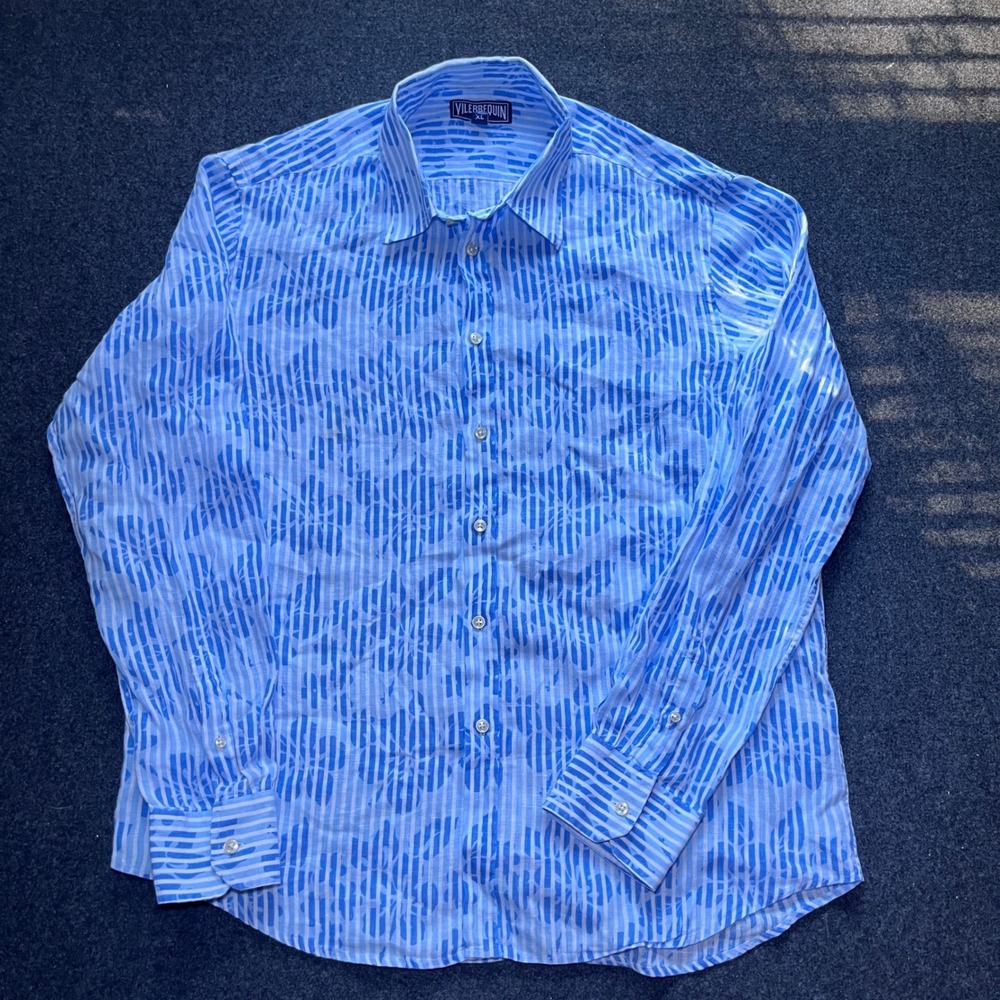 Vilebrequin Button Down Mens XL Blue Excellent Linen Striped Floral Long Sleeve - Picture 9 of 11
